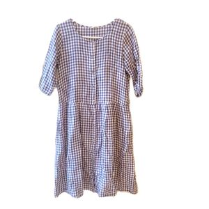 Samansa Mos2 linen hemp purple white check gingham dress 3/4 sleeve small